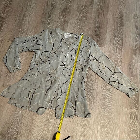 Vintage 100% Silk Floral Print Tunic Long Sleeve Button Up Split Hem Blue Top L - Picture 9 of 16